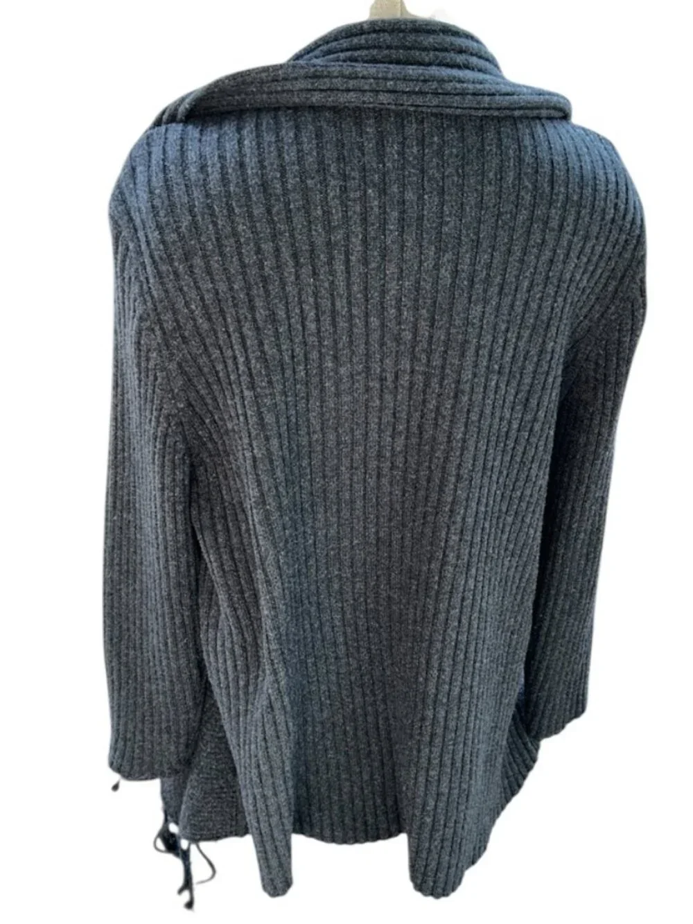 St John charcoal gray ribbed fringe trim cardigan sweater L